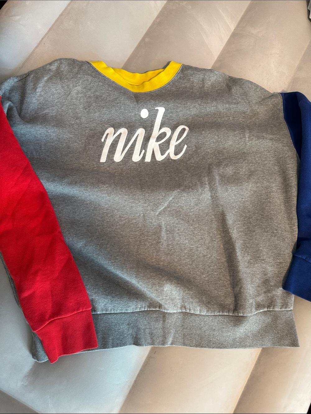 Women’s Nike Gray Crewneck Sweatshirt with Red and Blue Sleeves
